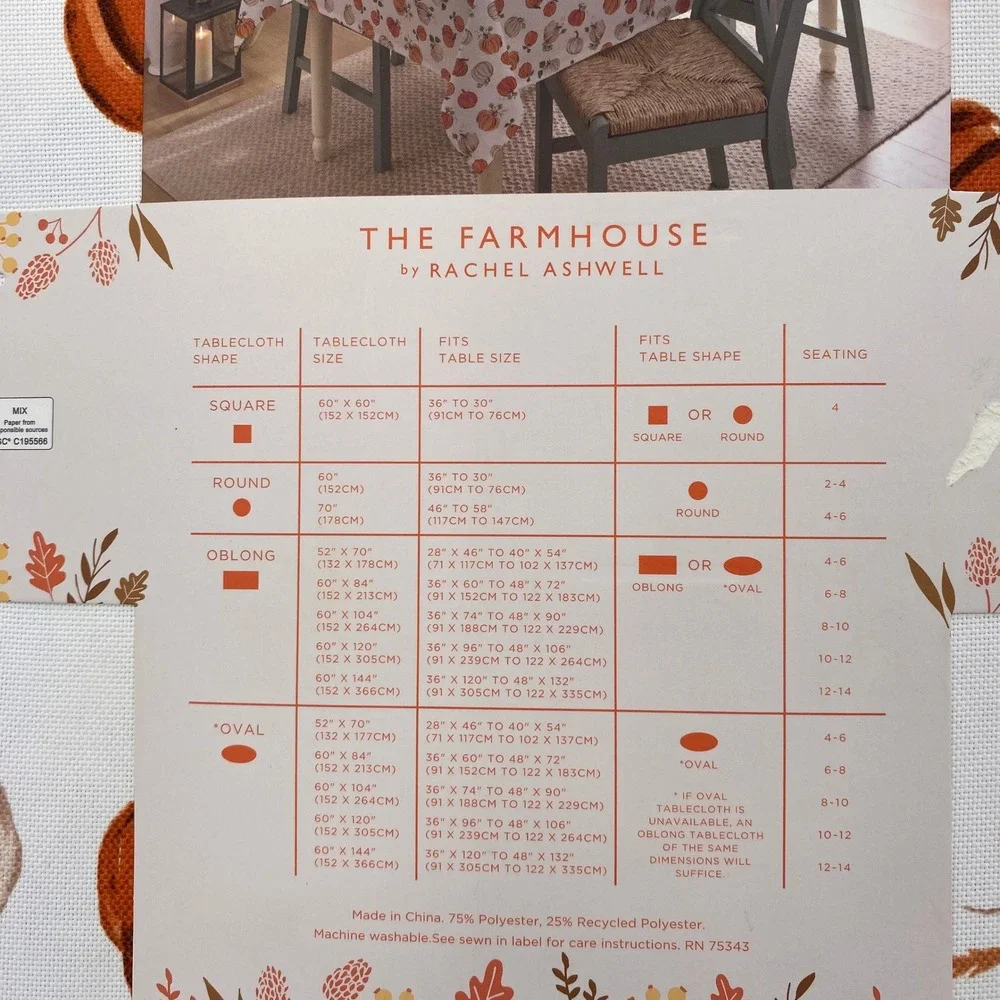 Rachel Ashwell Farmhouse Tablecloth 60x84 Pumpkin Fall Harvest Autumn Rustic
